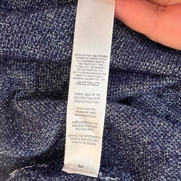 Chico's Blue Metallic Floral Knit Crew Neck Sweater Top Size 2 or Large - Picture 8 of 11